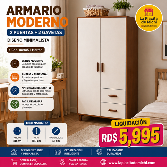 ⭐ Armario Moderno 2 Puertas + 2 Gavetas – Diseño Minimalista
📌 Cod. 80905-1 Marrón 

💰 RD$5,995

📏 Dimensiones: 180 × 80 × 45 cm