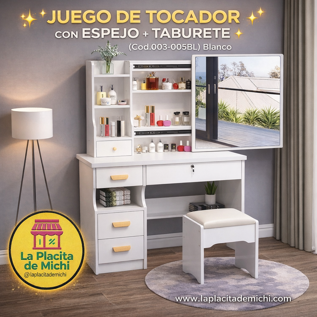 ✨ JUEGO DE TOCADOR CON ESPEJO + TABURETE ✨
(Cod.003-005BL) Blanco 
💰RD$5,995