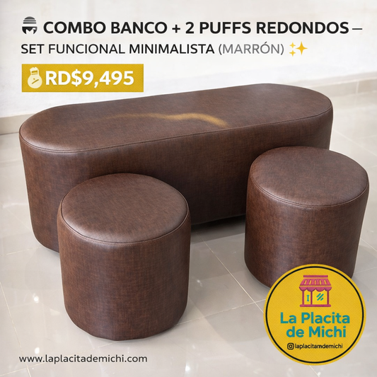 🪑✨ COMBO BANCO + 2 PUFFS REDONDOS – SET FUNCIONAL MINIMALISTA (MARRÓN) ✨🪑

💰RD$9,495