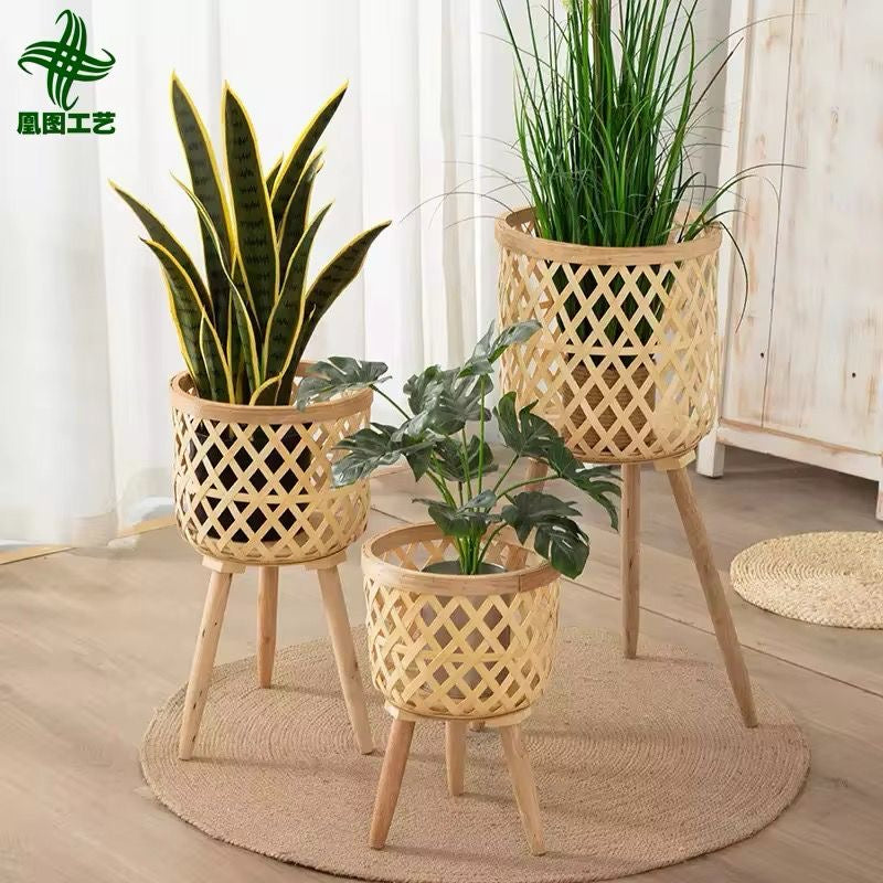 Maceta de madera de ratán Artificial para el hogar, soporte ajustable de Metal, macetas de cerámica y maceta de flores para jardín, interior. (Cod.06-4)