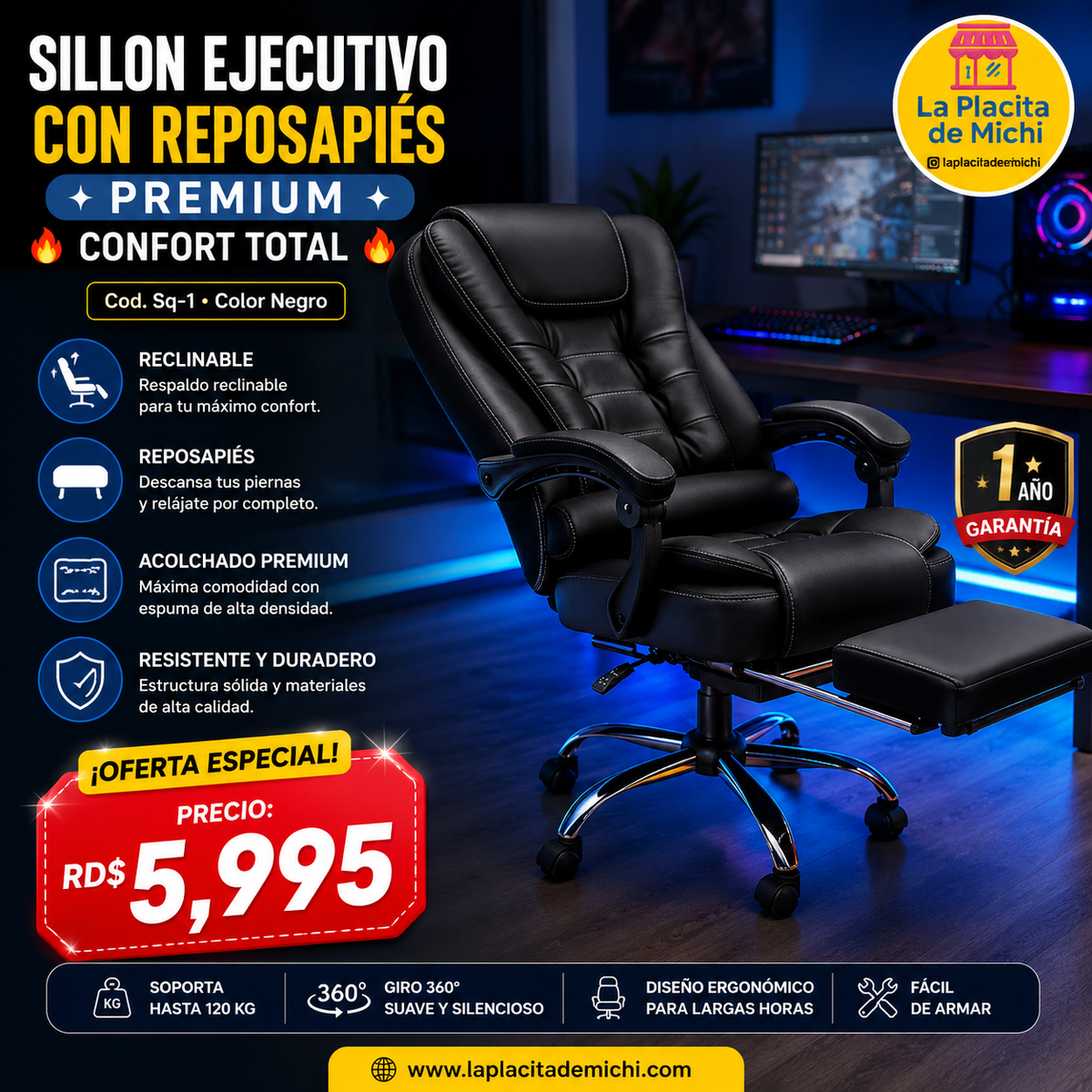 🔥 SILLON EJECUTIVO  CON REPOSAPIÉS / PREMIUM – CONFORT TOTAL 🔥 (Cod.Sq-1) (Color Negro)⚫️

💰RD$5,995