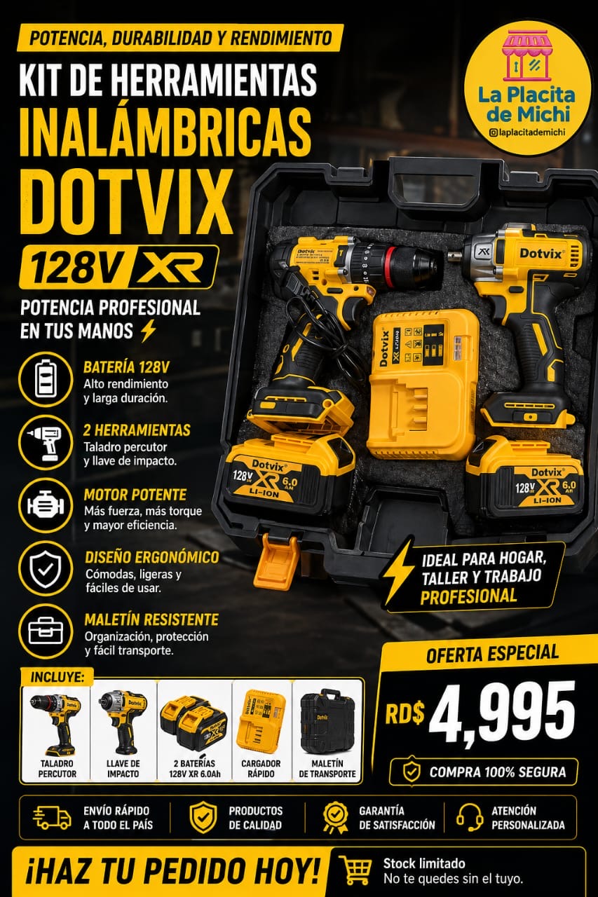 🔧⚡ KIT DE HERRAMIENTAS INALÁMBRICAS DOTVIX 128V XR – POTENCIA PROFESIONAL EN TUS MANOS ⚡🔧
COD AM-407

💰RD$4,995