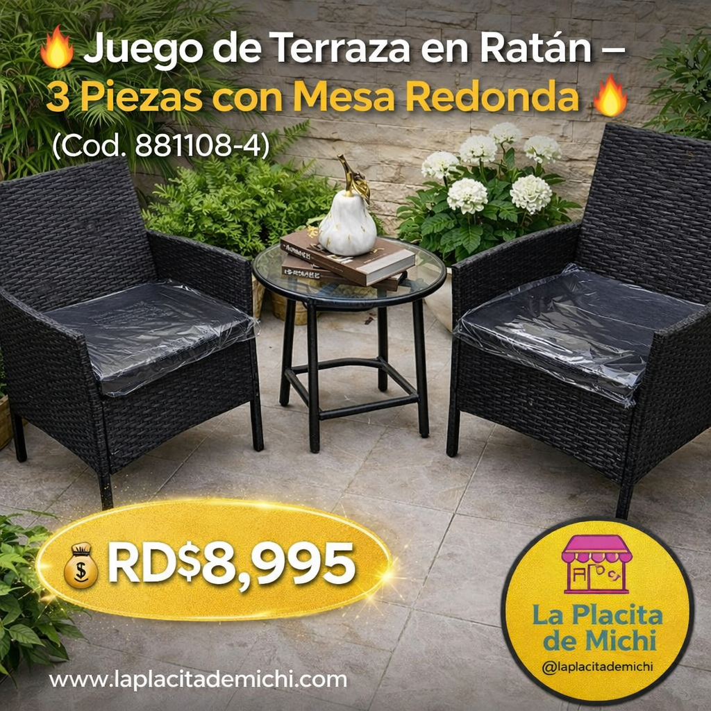 🔥 Juego de Terraza en Ratán – 3 Piezas con Mesa Redonda 🔥 (Cod. 881108-4)

💰RD$8,995