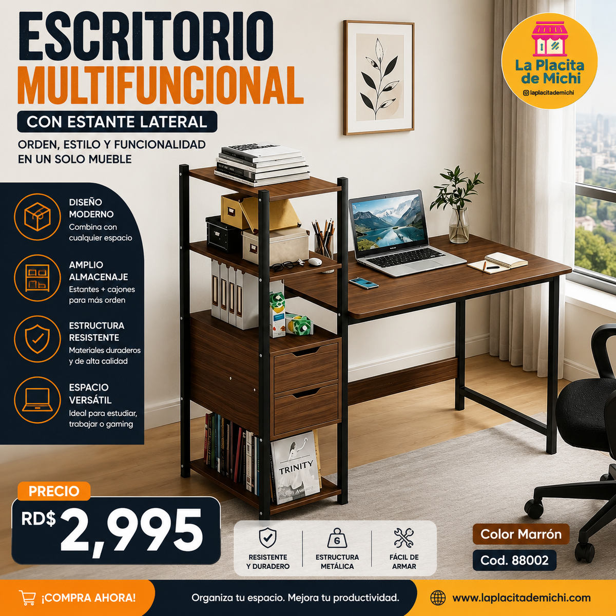🪑🔥 ESCRITORIO MULTIFUNCIONAL CON ESTANTE LATERAL – ORDEN QUE SE NOTA 🔥🪑
Color Marrón | Cod. 88002

💰 RD$2,995