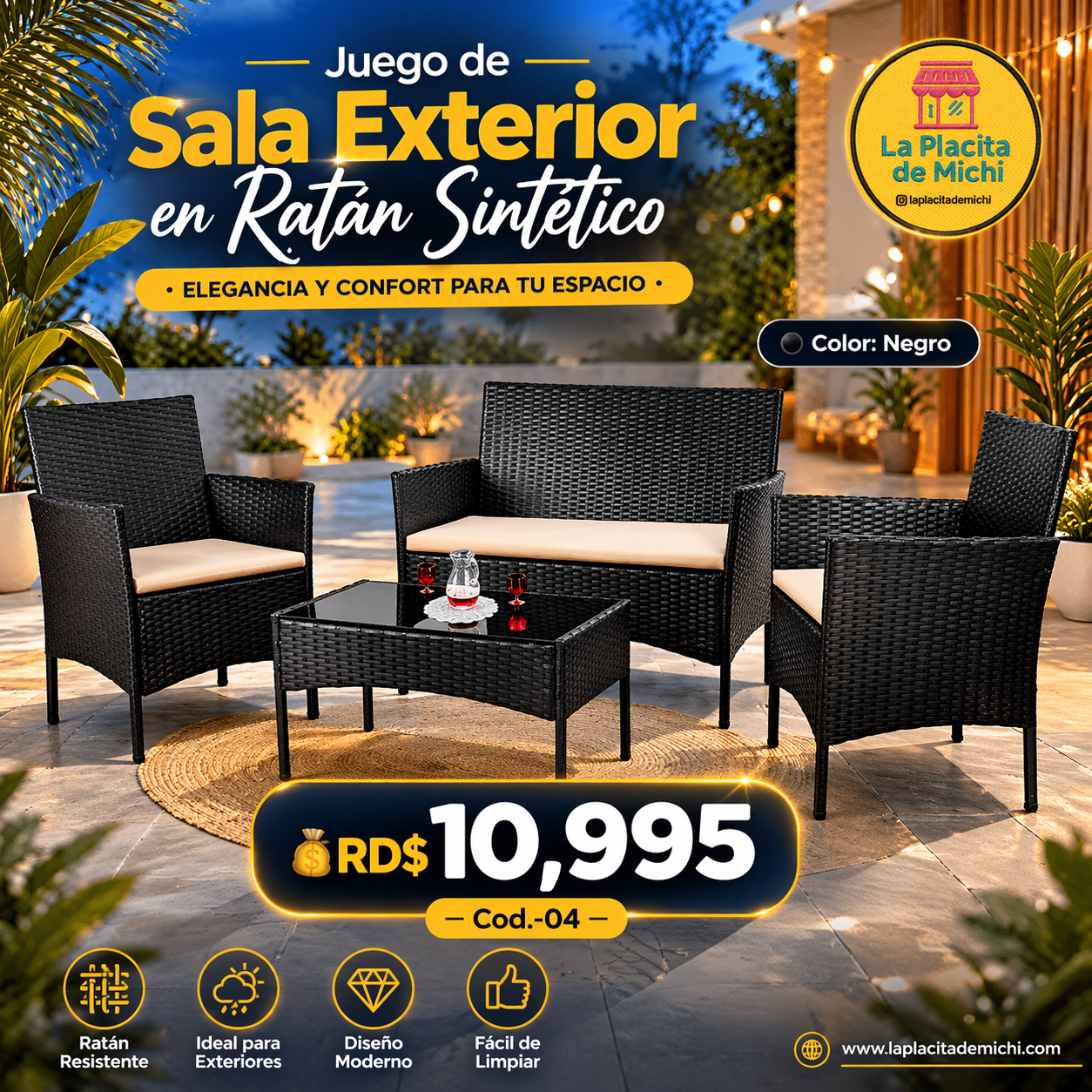 🛋️ Juego de Sala Exterior en Ratán Sintético – Elegancia y Confort para tu Espacio 🛋️ (Cod.-04) (*Color Negro* 

💰RD$10,995