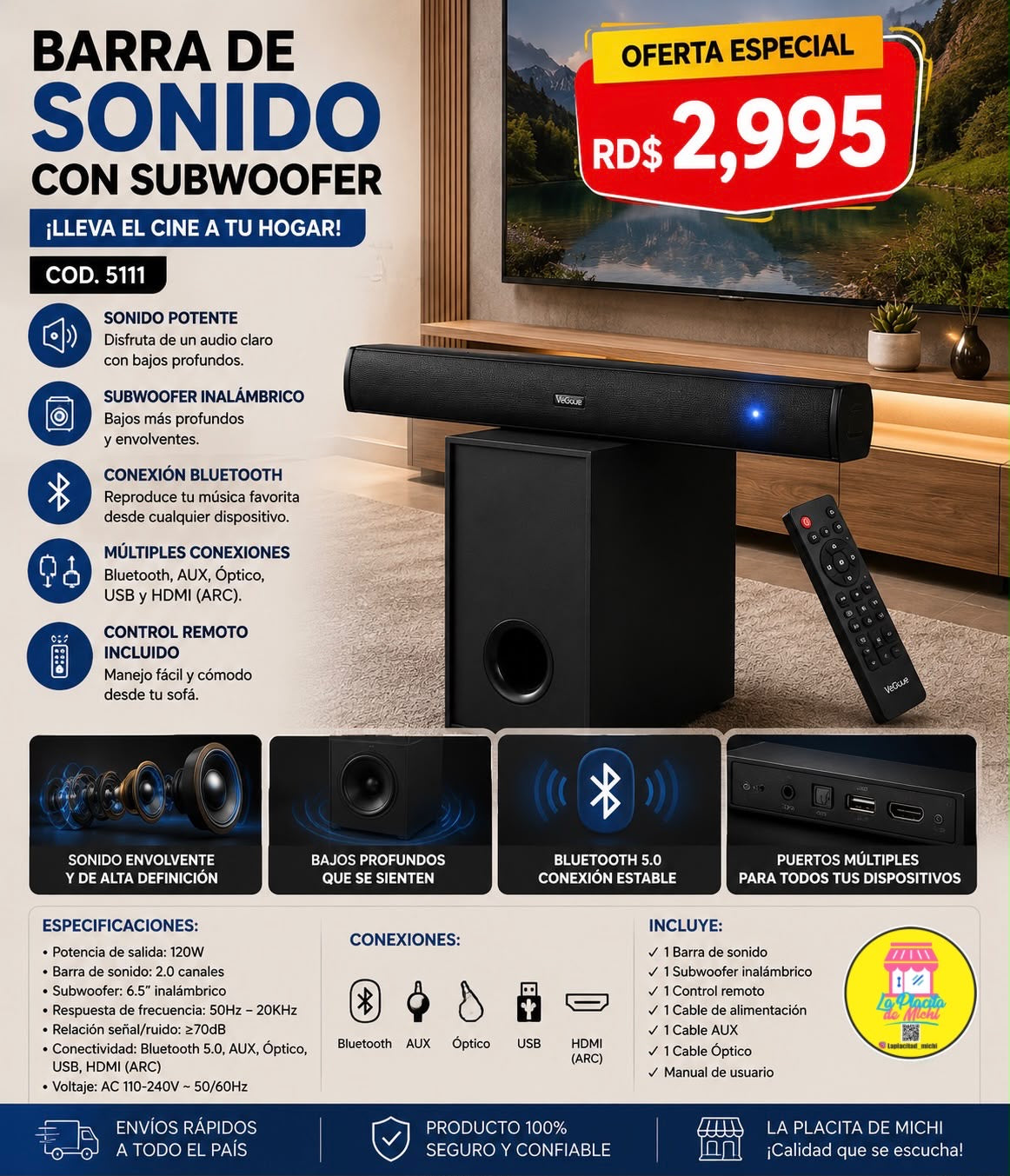 🔊✨ BARRA DE SONIDO CON SUBWOOFER – ¡LLEVA EL CINE A TU HOGAR! 🎬🎶 (Cod. 5111)

💰 RD$2,995