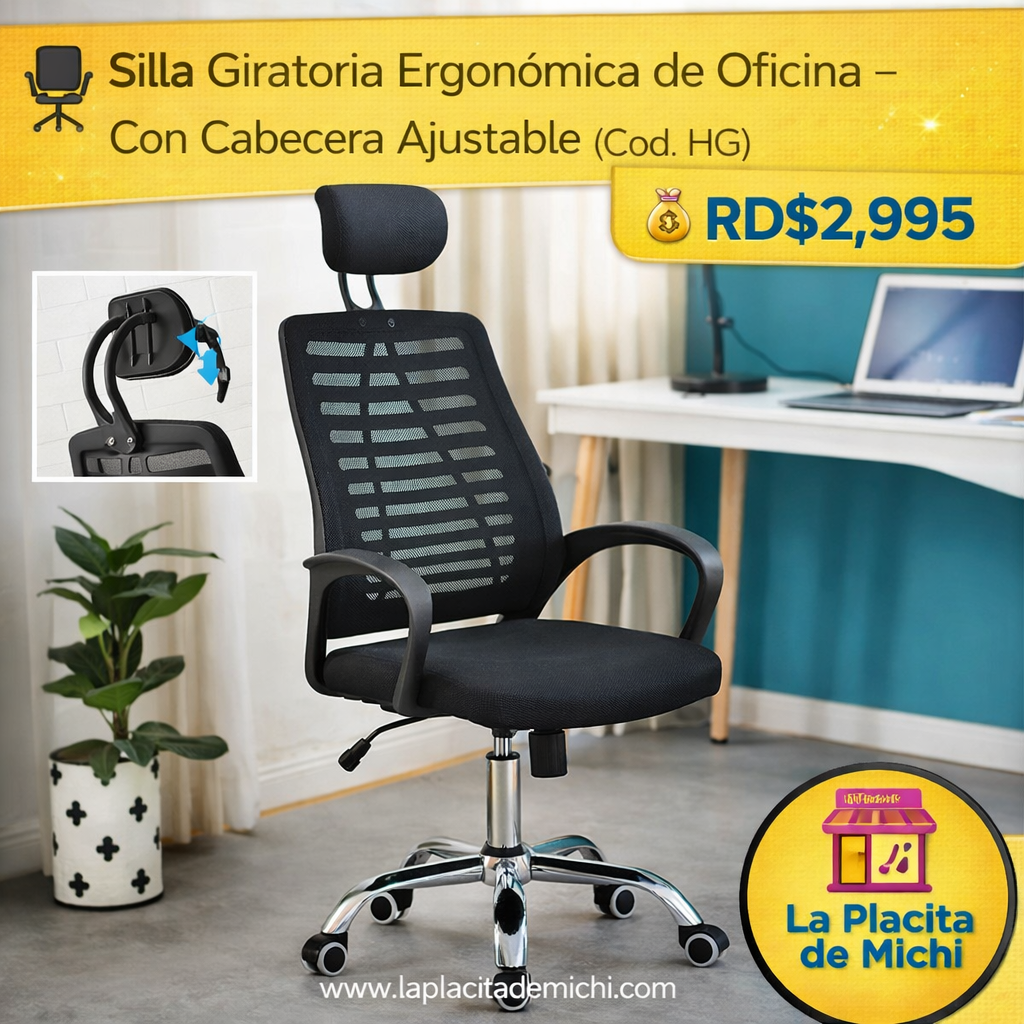 🪑 Silla Giratoria Ergonómica de Oficina – Con Cabecera Ajustable (Cod. HG)

💰RD$2,995