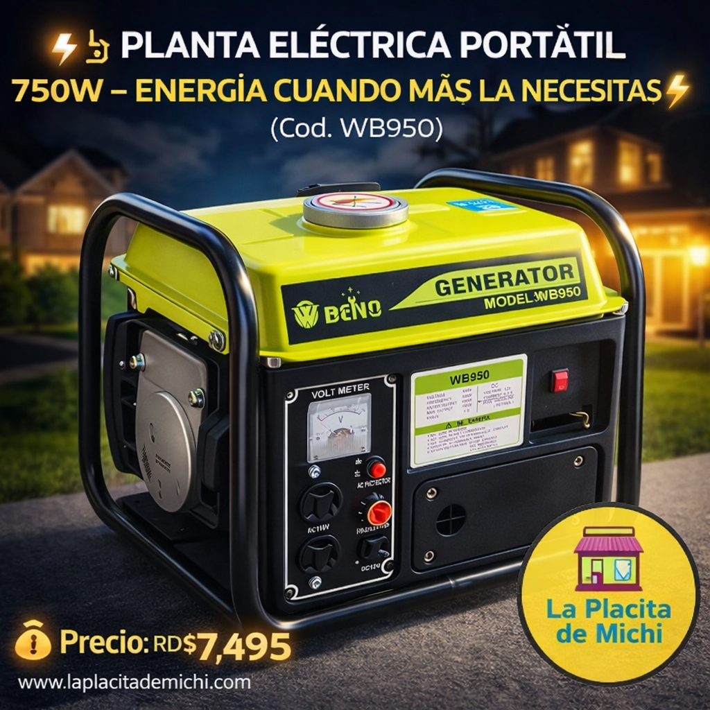 ⚡️🔌 PLANTA ELÉCTRICA PORTÁTIL 750W – ENERGÍA CUANDO MÁS LA NECESITAS 🔌⚡️ (Cod. WB950)

💰 Precio: RD$7,495