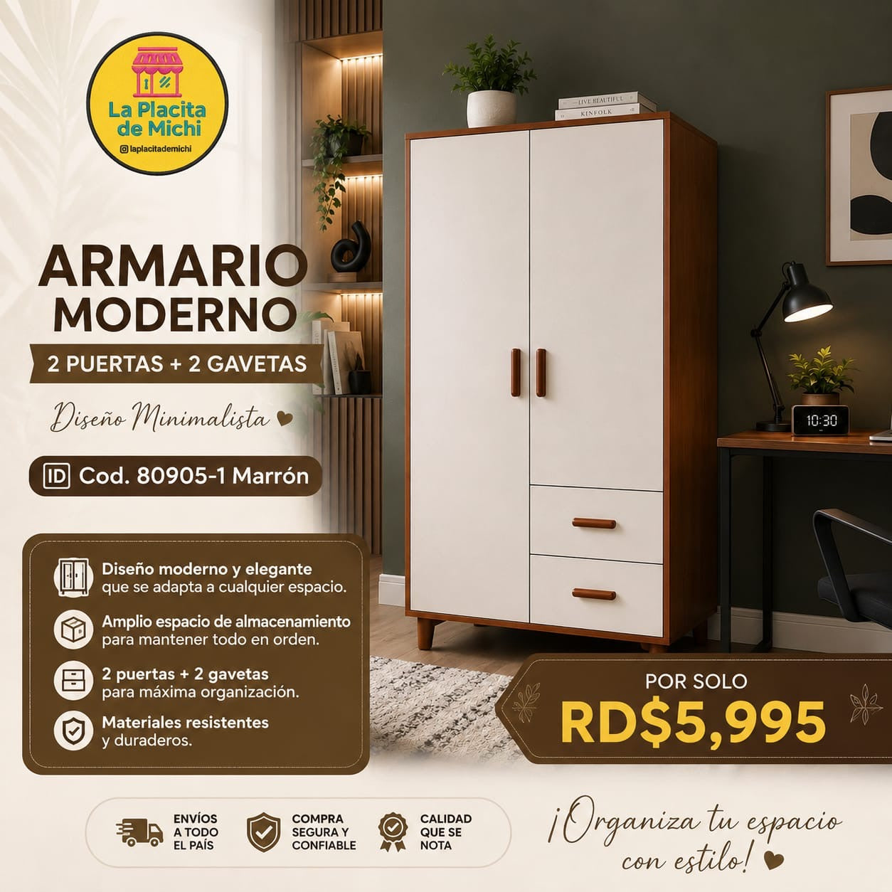 ⭐ Armario Moderno 2 Puertas + 2 Gavetas – Diseño Minimalista
📌 Cod. 80905-1 Marrón 

💰 RD$5,995

📏 Dimensiones: 180 × 80 × 45 cm
