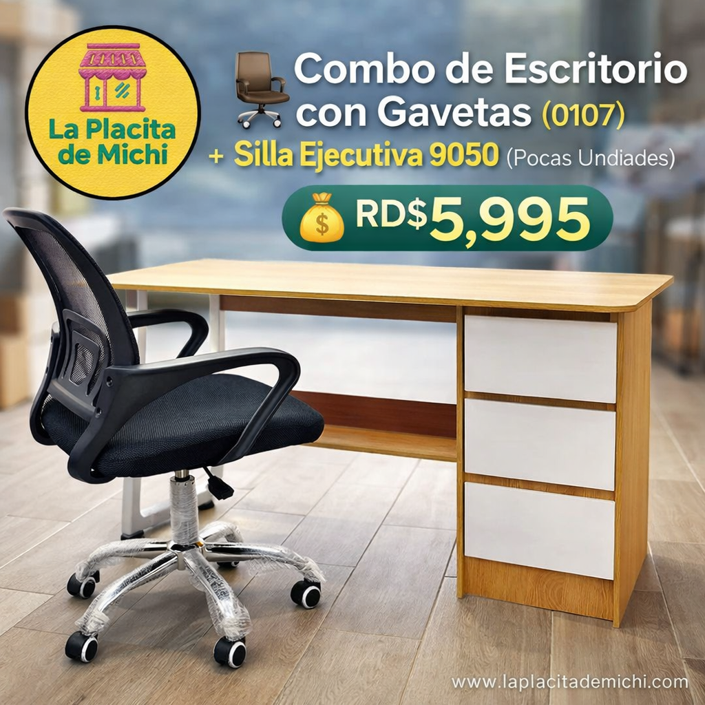 🪑 Combo de Escritorio con Gavetas (0107) + Silla Ejecutiva 9050 (Pocas Unidades)
💰 RD$5,995
