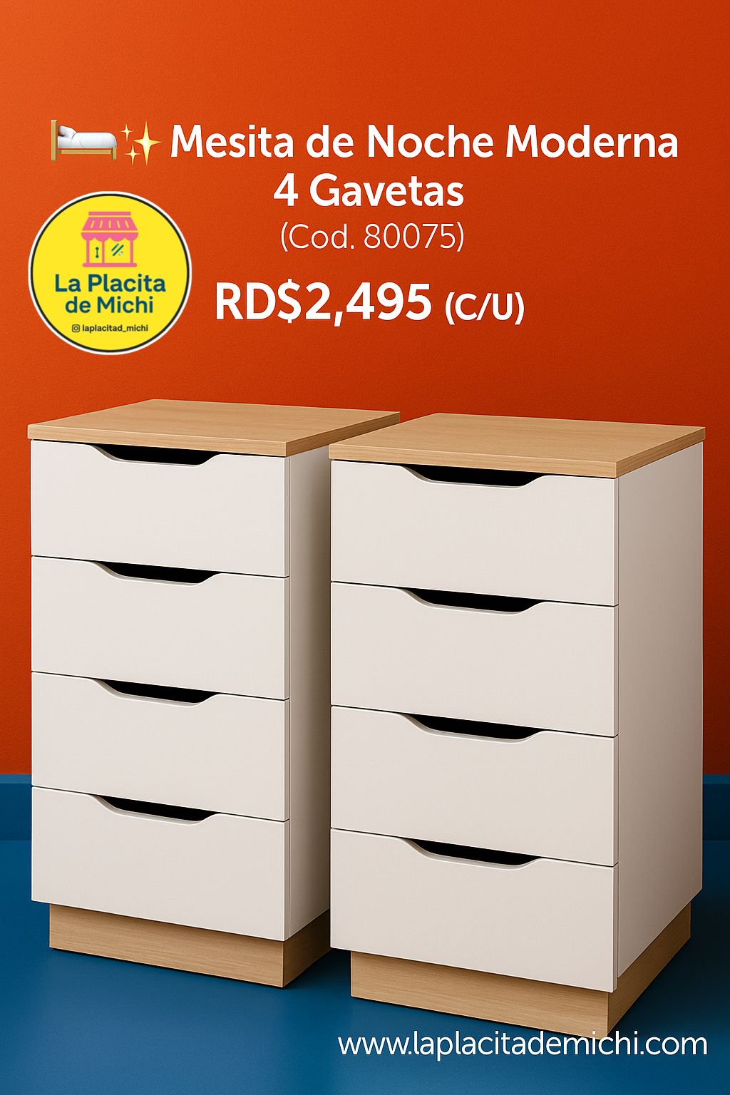 🛏️✨ Mesita de Noche Moderna 4 Gavetas ✨🛏️ (Cod. 80075) 80x30cm 
💰RD$2,495  (C/U)