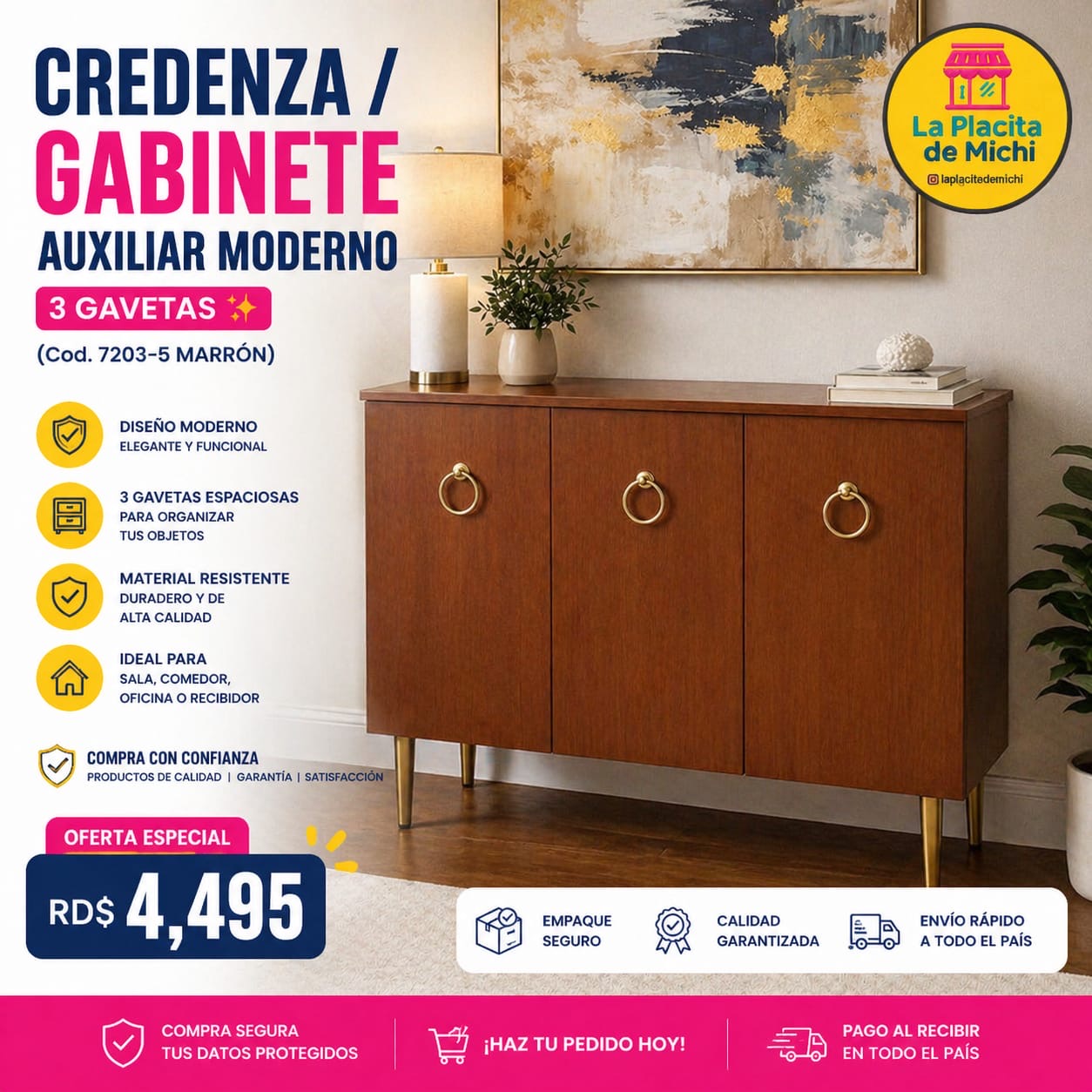 ✨ CREDENZA / GABINETE AUXILIAR MODERNO 3 GAVETAS ✨ (Cod. 7203-5 MARRÓN) 

💰RD$4,495