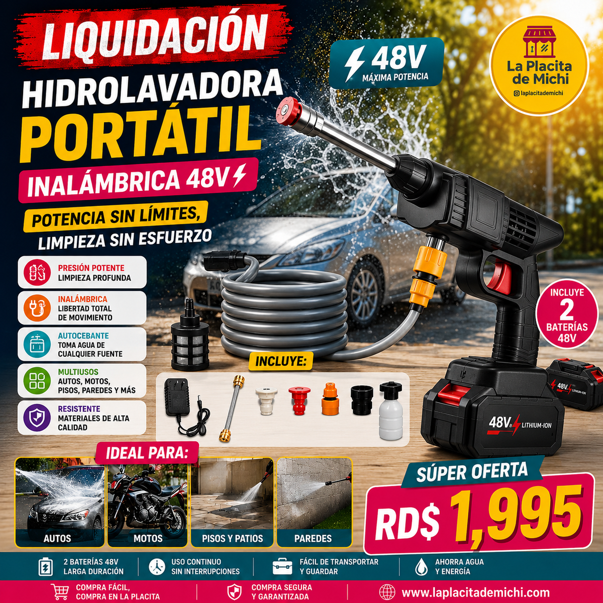 🚗💦 HIDROLAVADORA PORTÁTIL INALÁMBRICA 48V  (2 Baterías 48V) 
(Cod.8107) 💦🚗 

💰RD$1,995