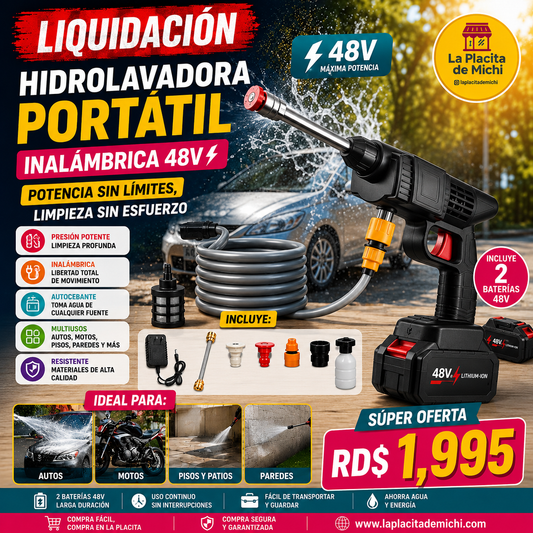 🚗💦 HIDROLAVADORA PORTÁTIL INALÁMBRICA 48V  (2 Baterías 48V) 
(Cod.8107) 💦🚗 

💰RD$1,995