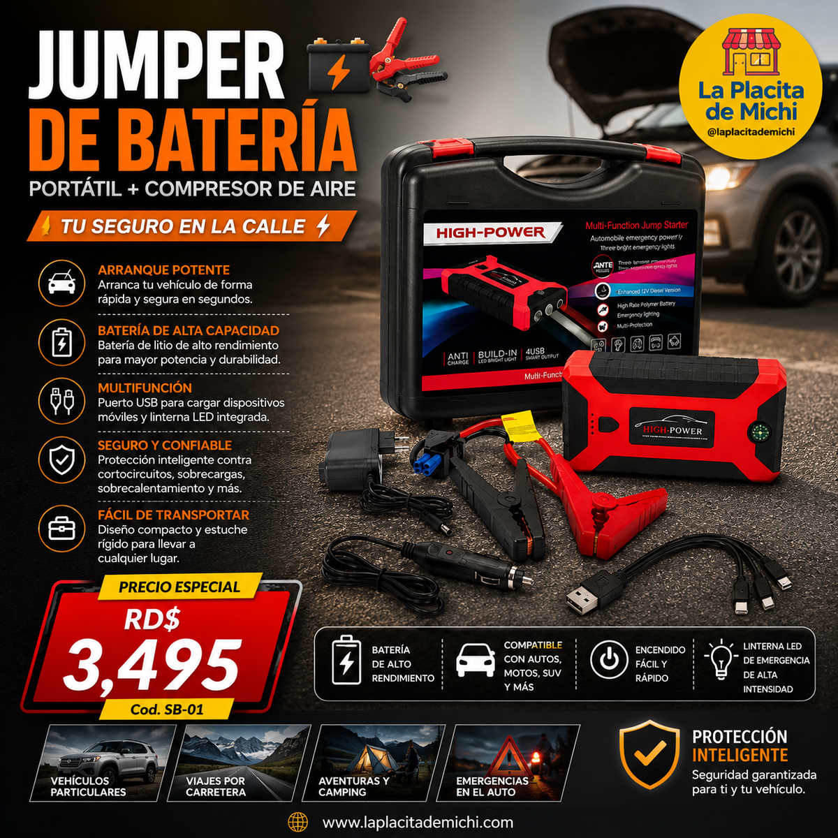 🚗⚡ JUMPER DE BATERÍA PORTÁTIL + COMPRESOR DE AIRE – TU SEGURO EN LA CALLE ⚡🚗
(Cod. SB-01)

💰 RD$3,495