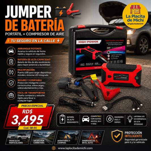 🚗⚡ JUMPER DE BATERÍA PORTÁTIL + COMPRESOR DE AIRE – TU SEGURO EN LA CALLE ⚡🚗
(Cod. SB-01)

💰 RD$3,495