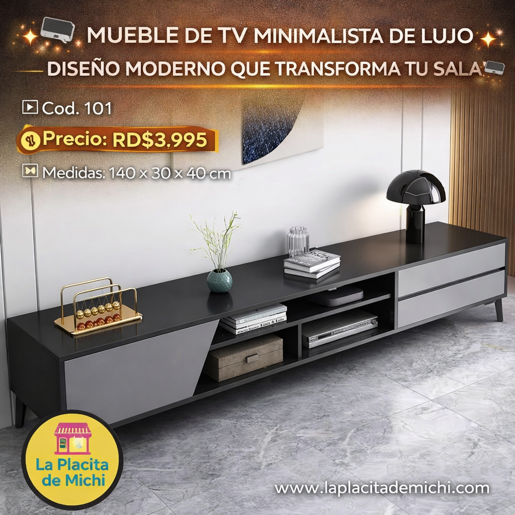 📺✨ MUEBLE DE TV MINIMALISTA DE LUJO – DISEÑO MODERNO QUE TRANSFORMA TU SALA ✨📺
🆔 Cod. 250101 🎨 Color: Negro con Gris Cielo

💰 Precio: RD$3,995

🎨 Color: Negro con Gris Cielo
📏 Medidas: 140 × 30 × 40 cm