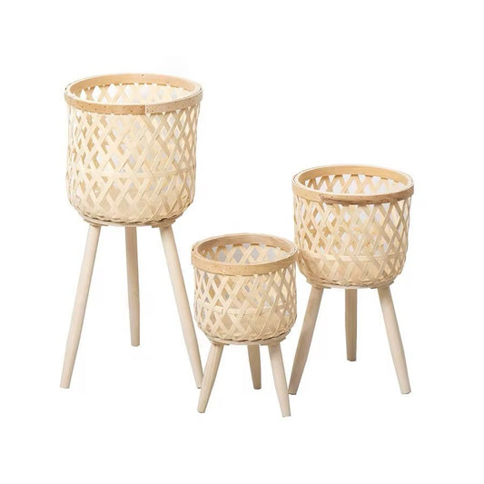 Maceta de madera de ratán Artificial para el hogar, soporte ajustable de Metal, macetas de cerámica y maceta de flores para jardín, interior. (Cod.06-4)