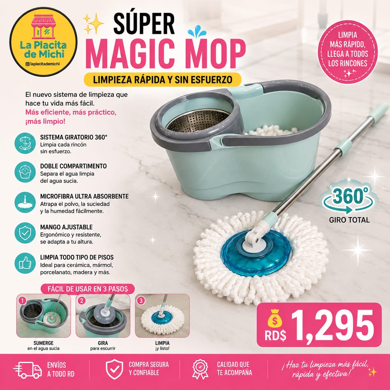 🧽✨ SÚPER MAGIC MOP – LIMPIEZA RÁPIDA Y SIN ESFUERZO ✨🧽
 
💰 RD$1,295