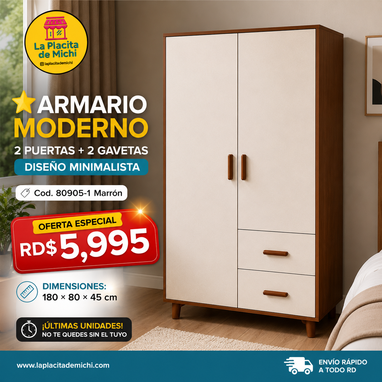 ⭐ Armario Moderno 2 Puertas + 2 Gavetas – Diseño Minimalista
📌 Cod. 80905-1 Marrón 

💰 RD$5,995

📏 Dimensiones: 180 × 80 × 45 cm