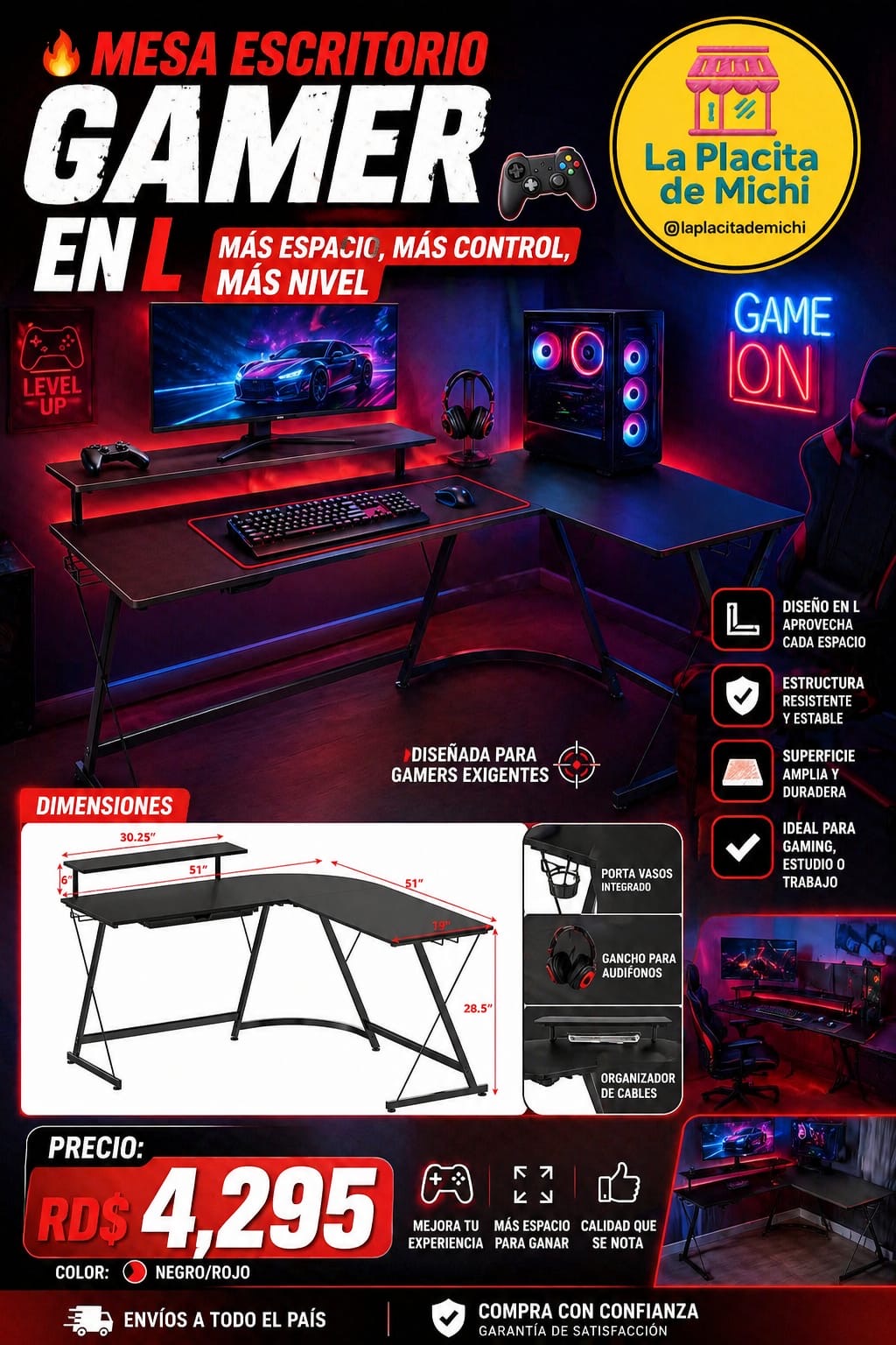 🎮🔥 MESA ESCRITORIO GAMER EN L – MÁS ESPACIO, MÁS CONTROL, MÁS NIVEL 🔥🎮
🆔 Cod. 88333-3
🎨 Color: Negro/Rojo

💰 Precio: RD$4,295