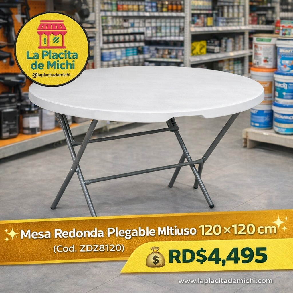 🪑✨ Mesa Redonda Plegable Multiuso 120×120 cm ✨🪑 (Cod. ZDZ8120)

💰RD$4,495