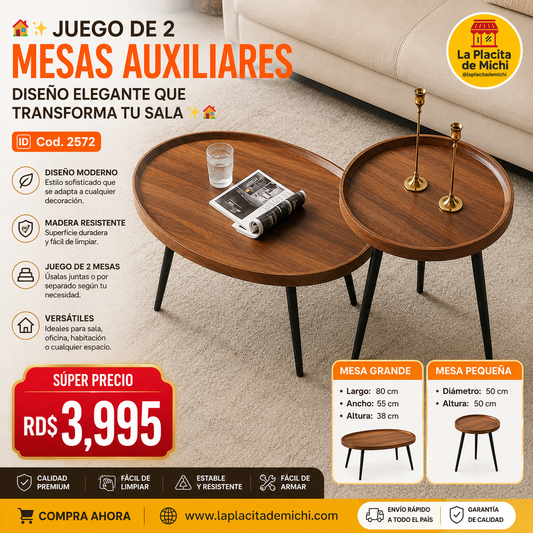 🏠✨ JUEGO DE 2 MESAS AUXILIARES – DISEÑO ELEGANTE QUE TRANSFORMA TU SALA ✨🏠
🆔 Cod. 2572

💰 RD$3,995

📏 Mesa Grande
• Largo: 80 cm
• Ancho: 55 cm
• Altura: 38 cm

📏 Mesa Pequeña
• Diámetro: 50 cm
• Altura: 50 cm