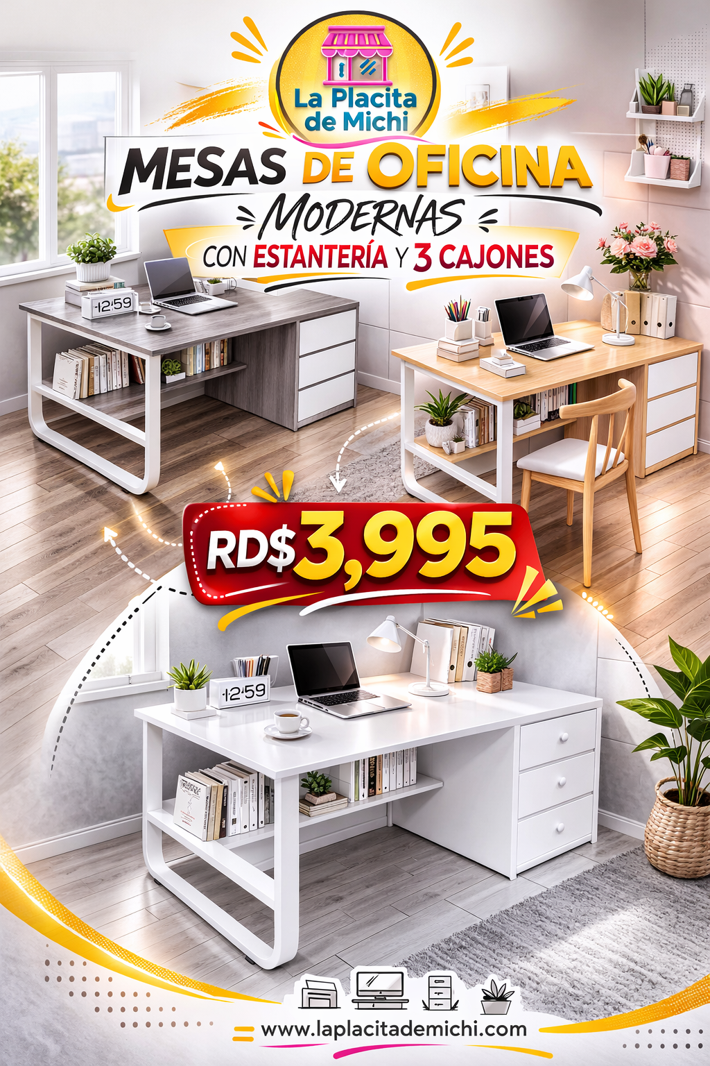 🪑💼 Mesa  Blanca de Oficina Moderna con Estantería y 3 Cajones 📌 (Cod. 283269)

💰 RD$3,995