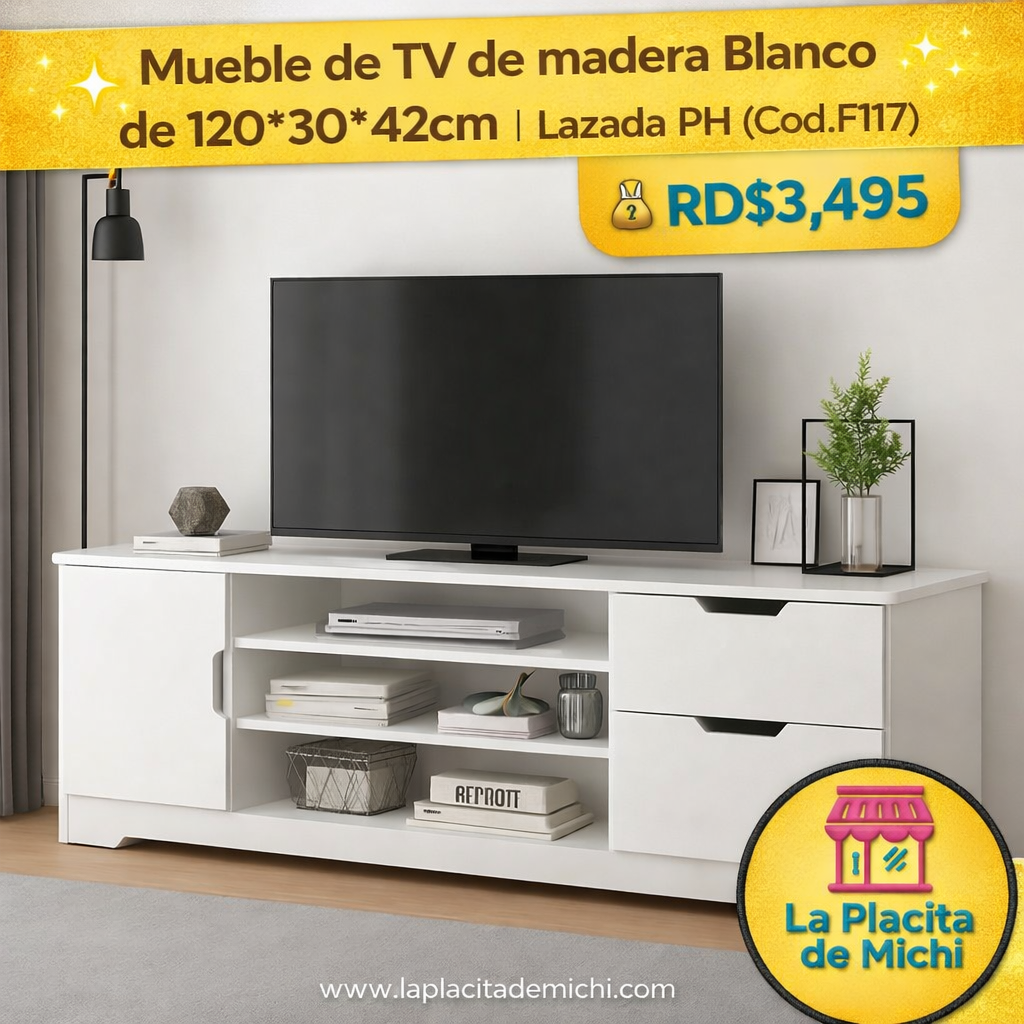 ⭐ Mueble de TV Moderno de Madera – Blanco
📏 120 × 30 × 42 cm | Cod. F117
💰 RD$3,495