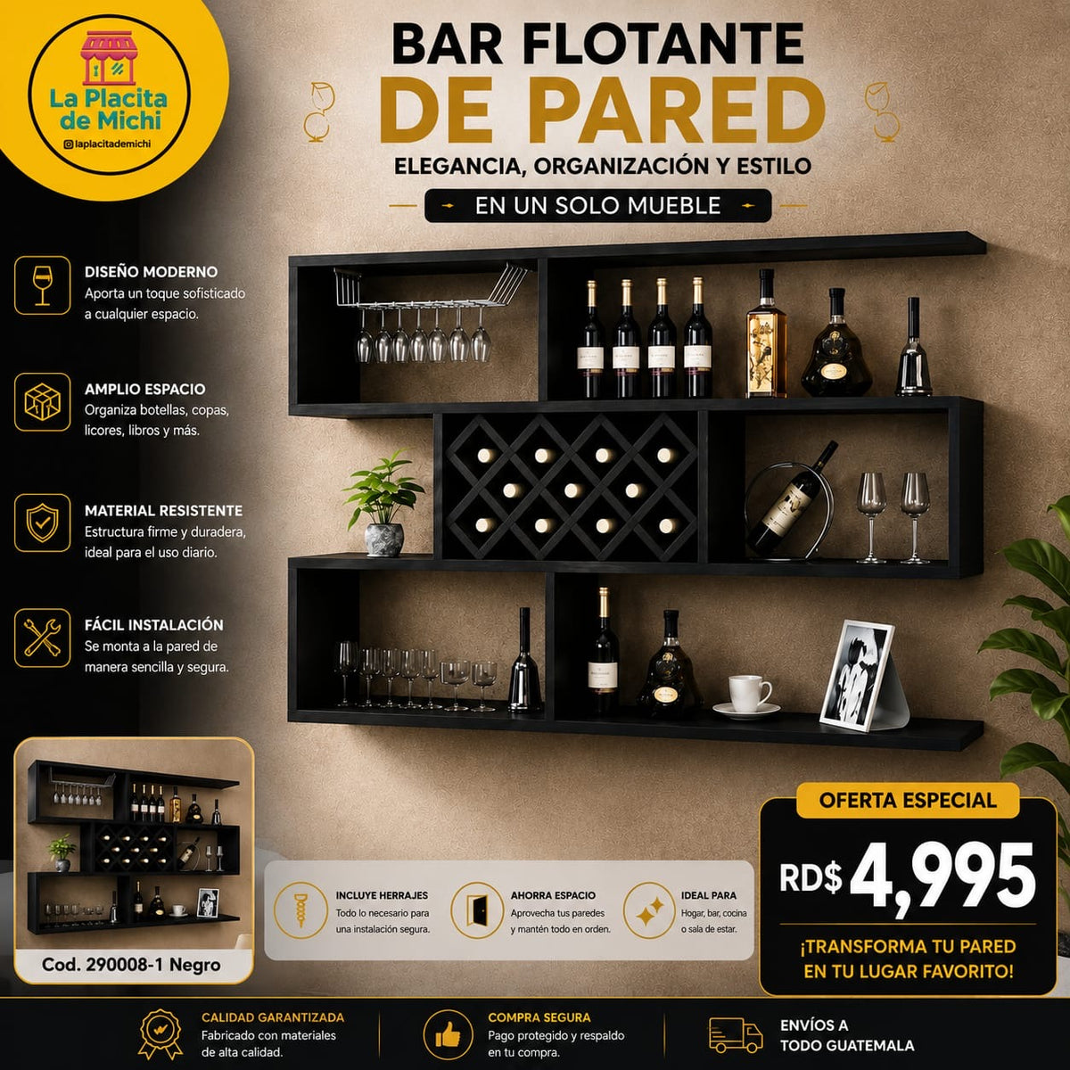 🍷✨ BAR FLOTANTE DE PARED – ELEGANCIA, ORGANIZACIÓN Y ESTILO EN UN SOLO MUEBLE ✨🍷

🆔 Cod. 290008-1 NEGRO 

💰 RD$4,995