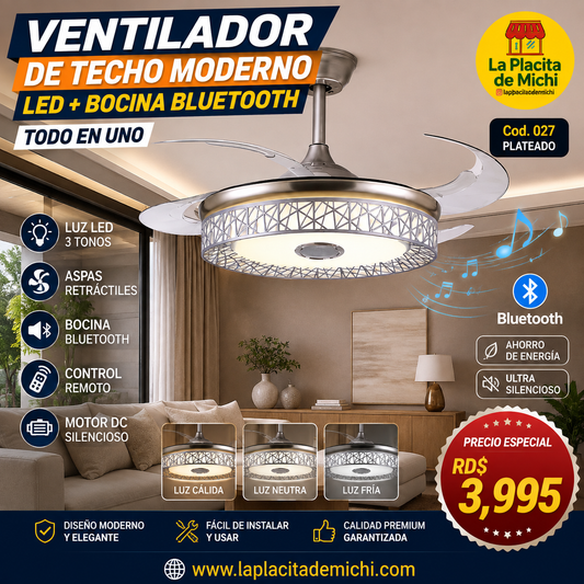 ✨💡 VENTILADOR DE TECHO MODERNO LED + BOCINA BLUETOOTH – TODO EN UNO 💡✨
📌 (Cod. 027 PLATEADO)

💰RD$3,995
