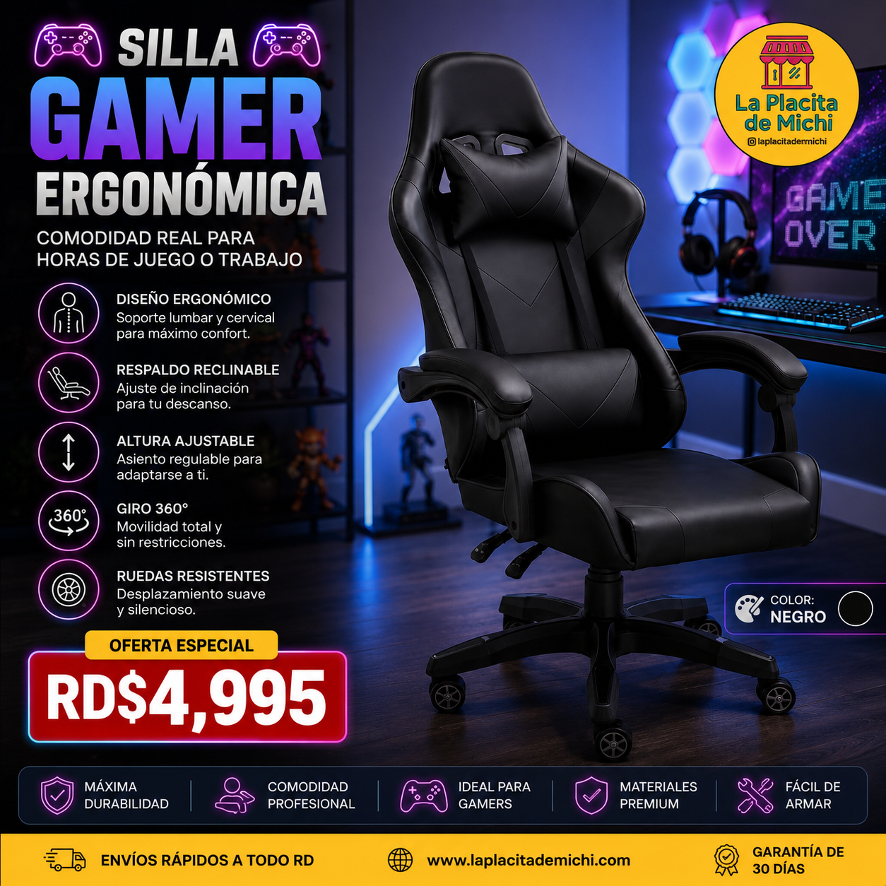 🎮🔥 SILLA GAMER ERGONÓMICA – COMODIDAD REAL PARA HORAS DE JUEGO O TRABAJO 🔥🎮
🎨 ⚫️Color: Negro ⚫️

💰 Precio: RD$4,995