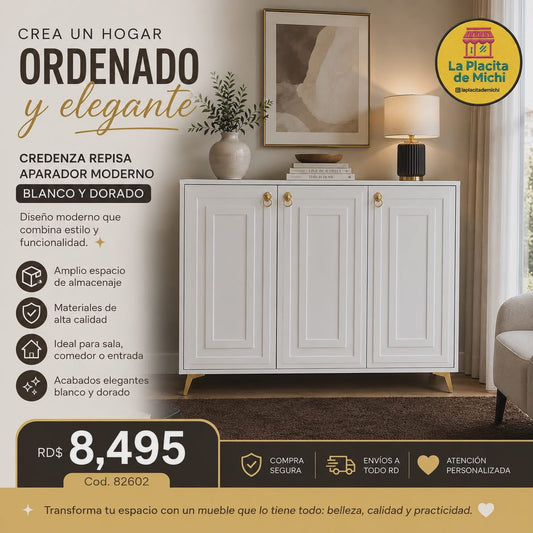 ✨🤍 CREDENZA REPISA APARADOR MODERNO BLANCO Y DORADO – ELEGANCIA Y ORGANIZACIÓN PARA TU HOGAR ✨

📌 Cod. 82602)

💰RD$8,495