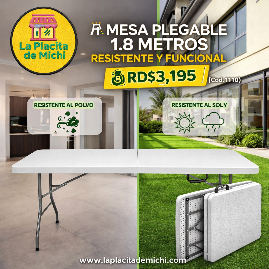 🪑 MESA PLEGABLE 1.8 METROS – RESISTENTE Y FUNCIONAL (Cod.1110)

💰 RD$3,195