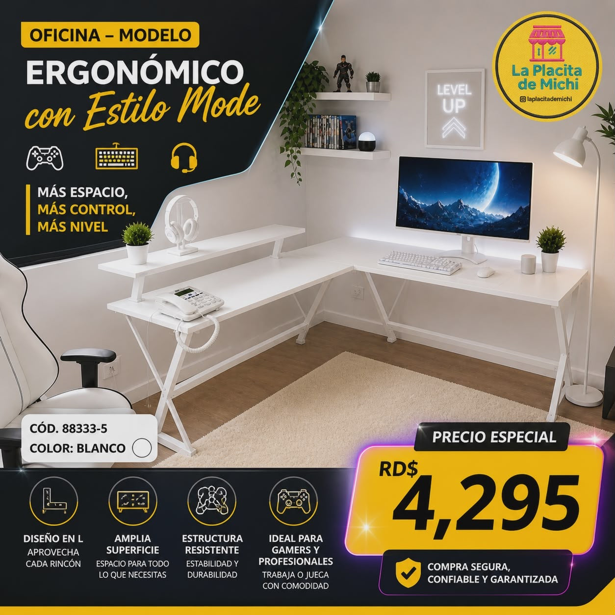🎮🔥 MESA ESCRITORIO GAMER EN L – MÁS ESPACIO, MÁS CONTROL, MÁS NIVEL 🔥🎮
🆔 Cod. 88333-5
🎨 Color: BLANCO 

💰 Precio: RD$4,295