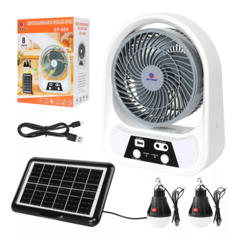 Abanico Recargable Con Panel Solar y Eléctrico Con Bombillos (8 Pulgadas) (Cod.-608)