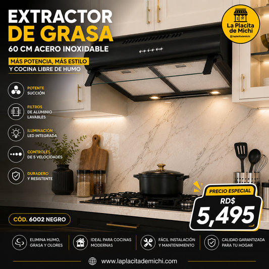 ✨🔥 EXTRACTOR DE GRASA 60 CM ACERO INOXIDABLE NEGRO – MÁS POTENCIA, MÁS ESTILO Y COCINA LIBRE DE HUMO 🔥✨

🆔 Cod. 6002 Negro 

💰RD$5,495