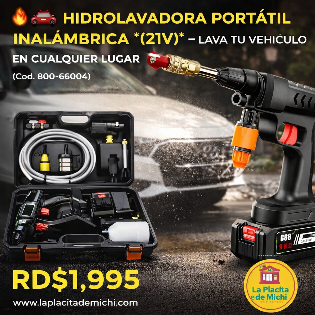 🔥🚗 HIDROLAVADORA PORTÁTIL INALÁMBRICA *(21V)* – LAVA TU VEHÍCULO EN CUALQUIER LUGAR 🚗🔥 (Cod. 800-66004)

💰RD$1,995