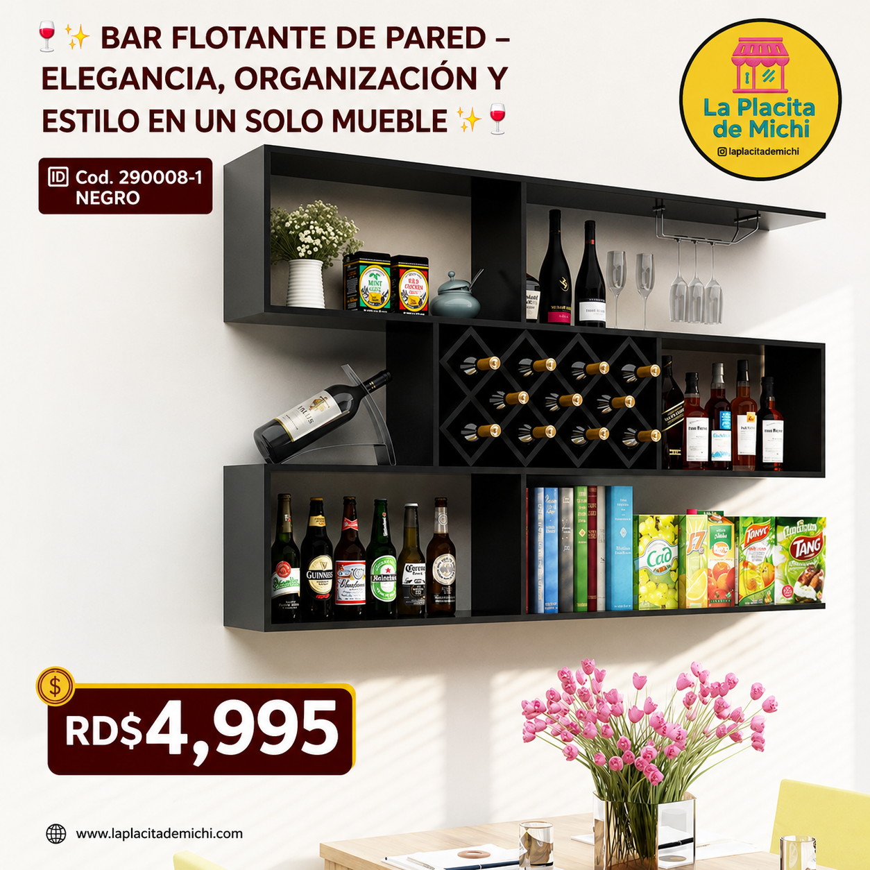 🍷✨ BAR FLOTANTE DE PARED – ELEGANCIA, ORGANIZACIÓN Y ESTILO EN UN SOLO MUEBLE ✨🍷

🆔 Cod. 290008-1 NEGRO 

💰 RD$4,995