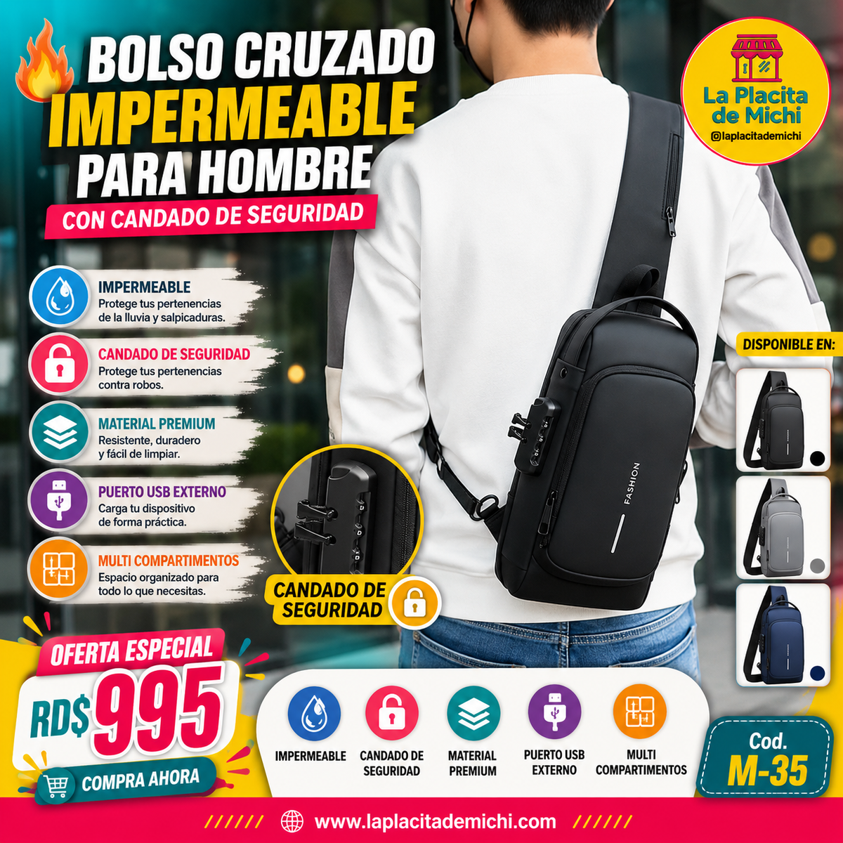 🔥 BOLSO CRUZADO IMPERMEABLE PARA HOMBRE CON CANDADO DE SEGURIDAD 🔥
🆔 Cod. M-35

💰 RD$995