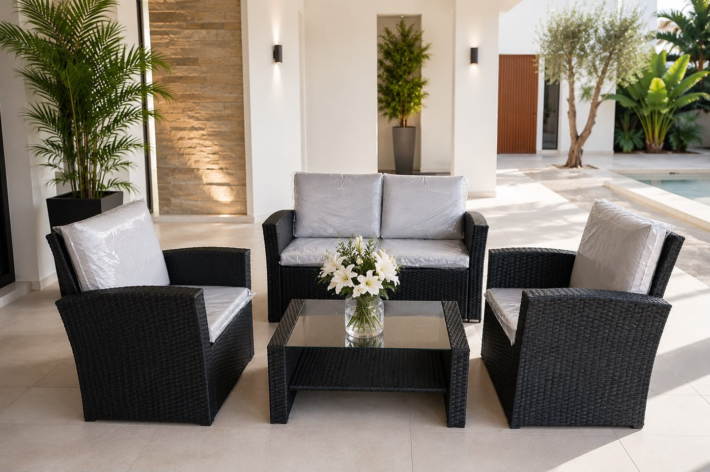 🖤✨ JUEGO DE SALA EXTERIOR PREMIUM EN RATÁN SINTÉTICO – 4 PIEZAS ✨🖤 (Cod. 150 Negro)

💰 RD$17,995