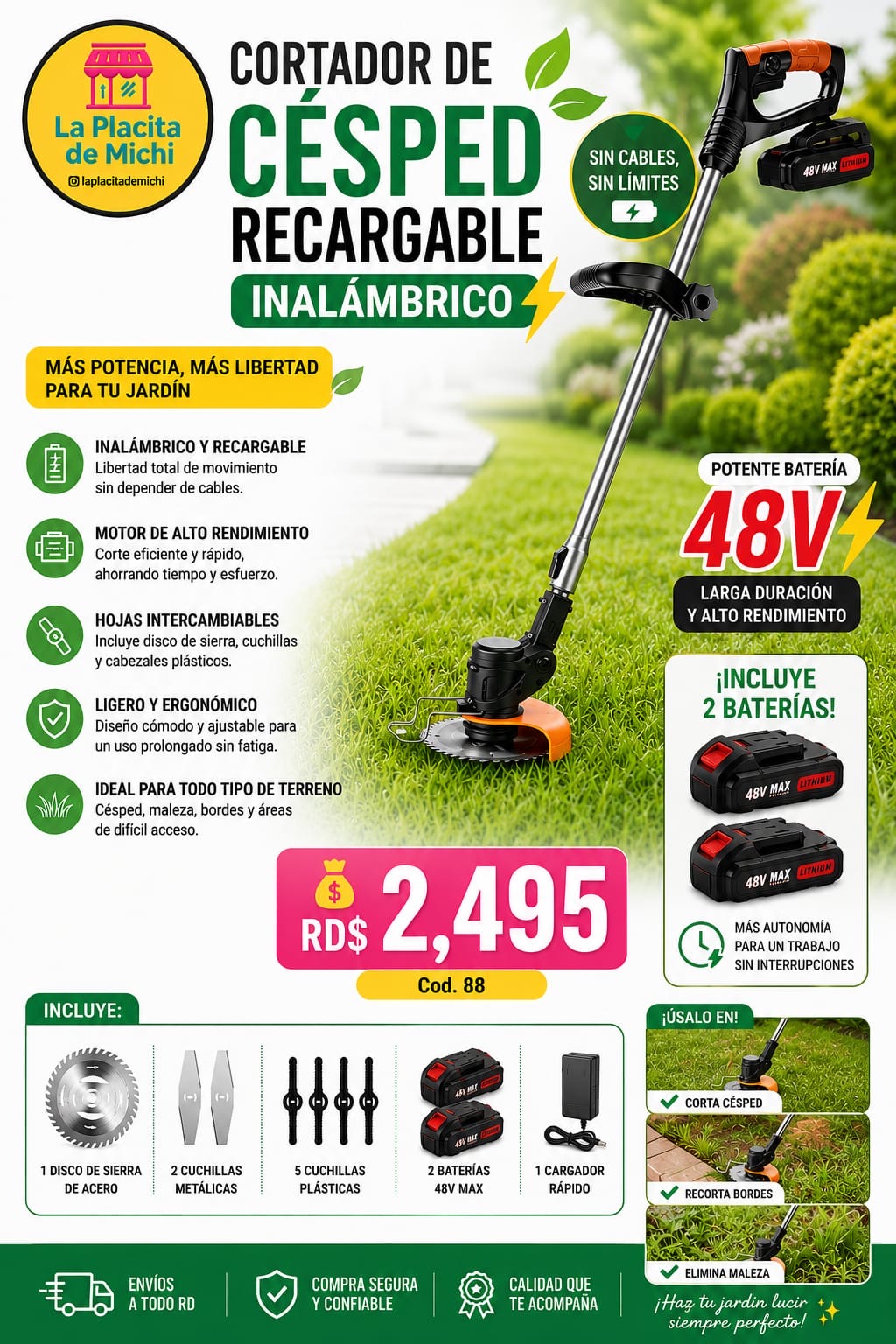 🌿⚡ CORTADOR DE CÉSPED RECARGABLE INALÁMBRICO ⚡🌿
🆔 Cod. 88
💰 RD$2,495