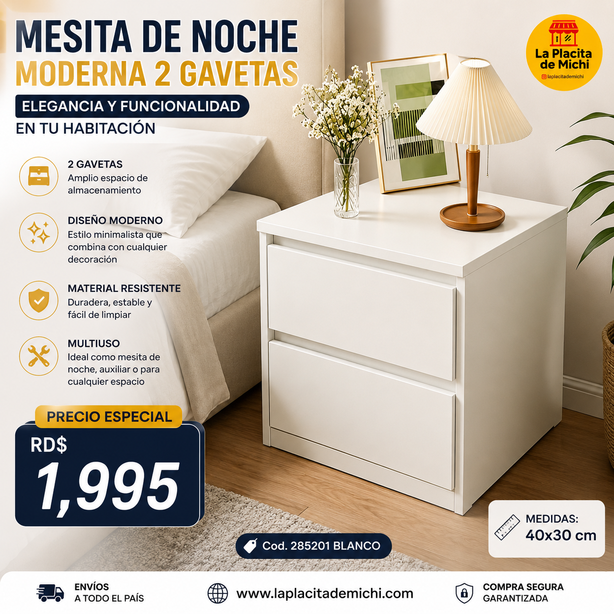 🛏️✨ MESITA DE NOCHE MODERNA 2 GAVETAS – ELEGANCIA Y FUNCIONALIDAD EN TU HABITACIÓN ✨🛏️

🆔 Cod. 285201 BLANCO

💰 RD$1,995

📏 Medidas: 40x30 cm