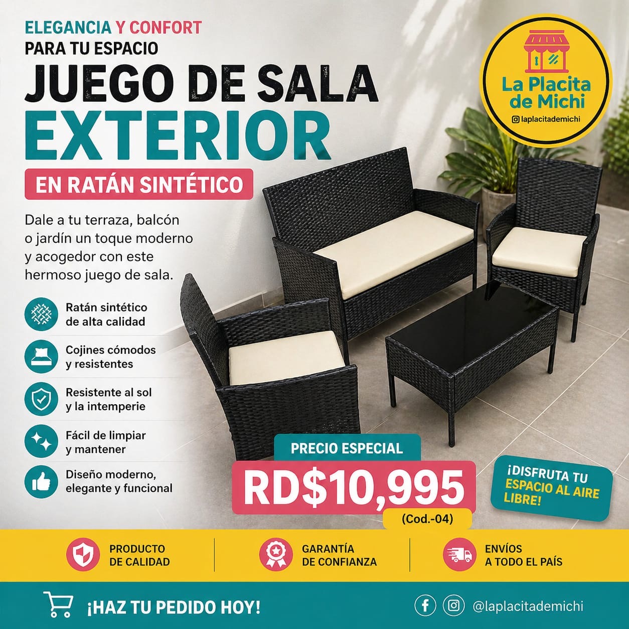 🛋️ Juego de Sala Exterior en Ratán Sintético – Elegancia y Confort para tu Espacio 🛋️ (Cod.-04) (*Color Negro* 

💰RD$10,995