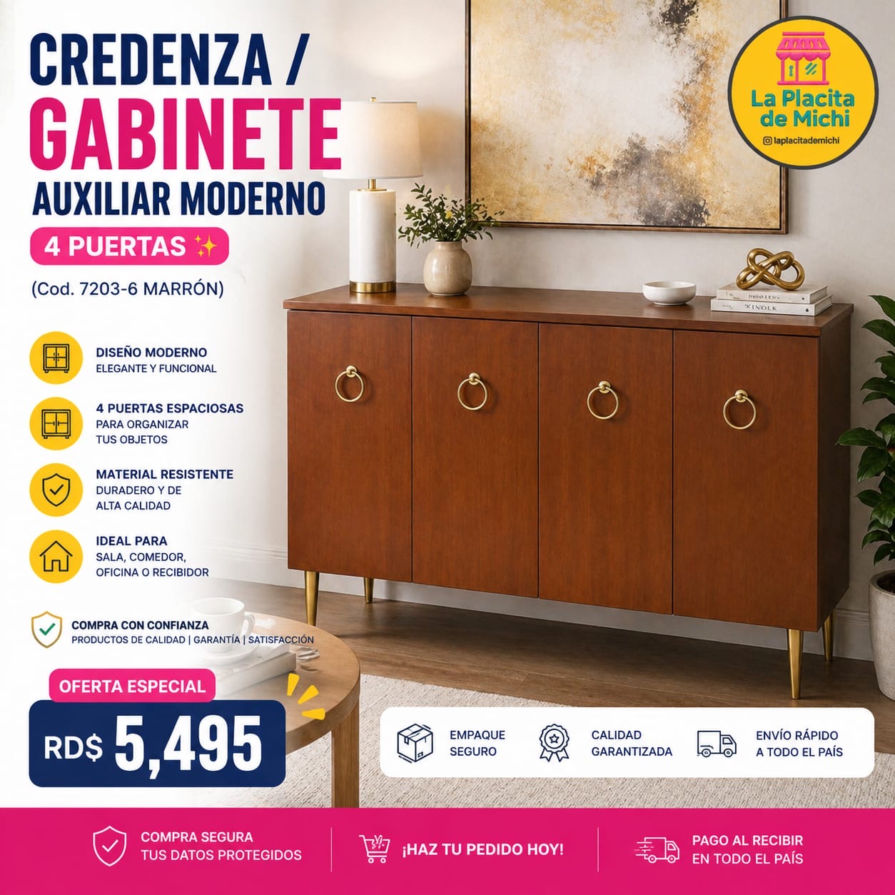 ✨ CREDENZA / GABINETE AUXILIAR MODERNO – 4 PUERTAS ✨ (Cod. 7203-6 MARRÓN)

💰RD$5,495