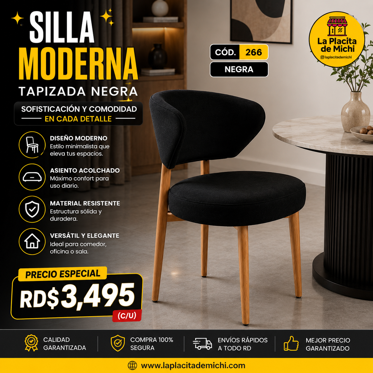 🪑🖤 SILLA MODERNA TAPIZADA NEGRA – SOFISTICACIÓN Y COMODIDAD EN CADA DETALLE 🖤🪑

🆔 Cod. 266 NEGRA

💰 RD$3,495 (c/u)