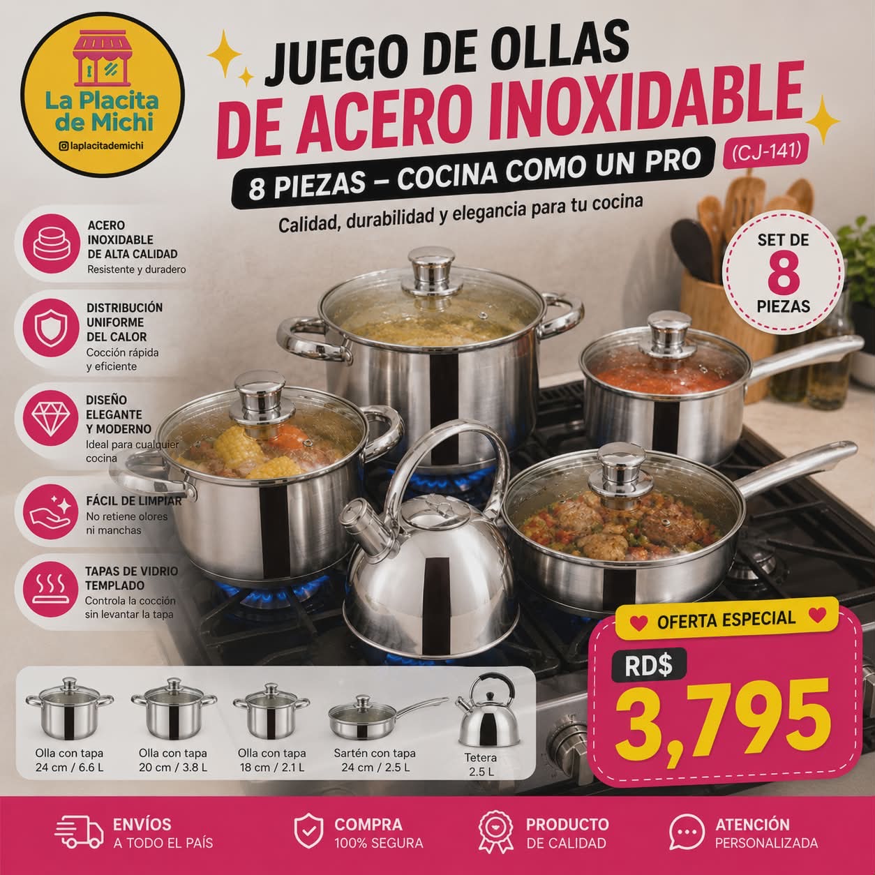 🍳✨ JUEGO DE OLLAS DE ACERO INOXIDABLE 8 PIEZAS – COCINA COMO UN PRO ✨🍳 (CJ-141)

💰RD$3,795