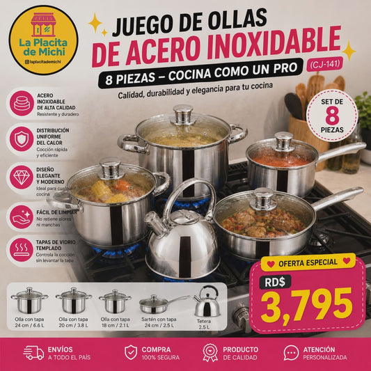 🍳✨ JUEGO DE OLLAS DE ACERO INOXIDABLE 8 PIEZAS – COCINA COMO UN PRO ✨🍳 (CJ-141)

💰RD$3,795