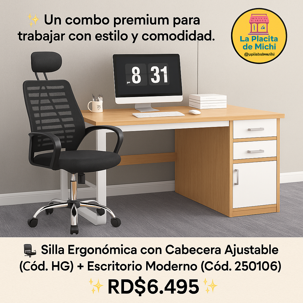 ✨ Un combo premium para trabajar con estilo y comodidad.

🪑✨ Silla Ergonómica con Cabecera Ajustable (Cód. HG) + Escritorio Moderno (Cód. 250106) ✨🪑

💰 RD$6,495