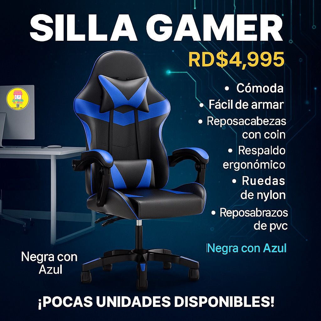 🎮🔥 SILLA GAMER ERGONÓMICA – COMODIDAD REAL PARA HORAS DE JUEGO O TRABAJO 🔥🎮
🎨 Color: Negro con Azul 

💰 Precio: RD$4,995